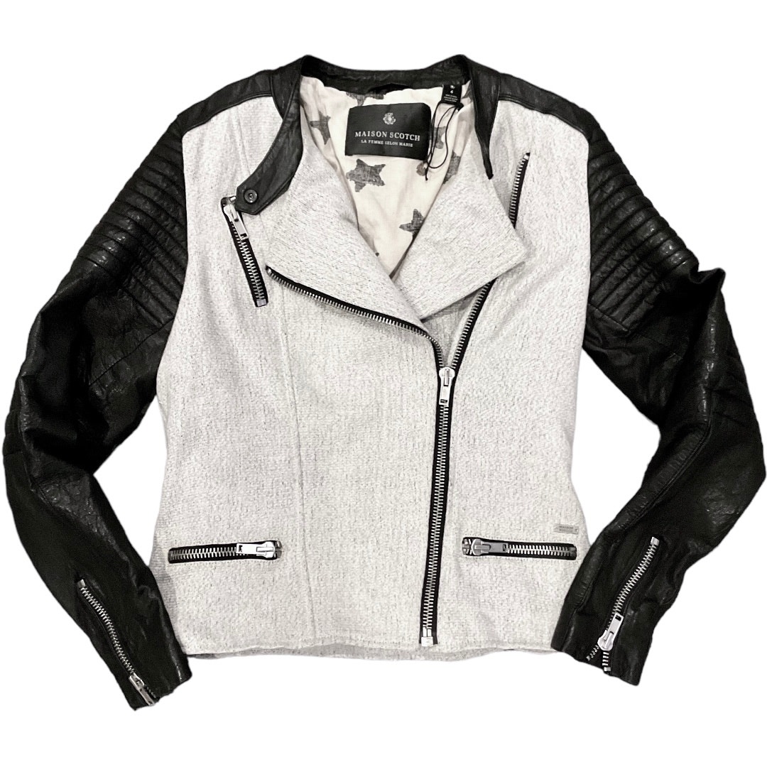 New Maison Scotch La Femme Selon Marie Wool W/ Moto Leather Jacket Sz 4 Us 14